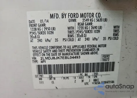 2014 Lincoln Mkx z USA, uszkodzony, nr VIN 2LMDJ8JK7EBL04493